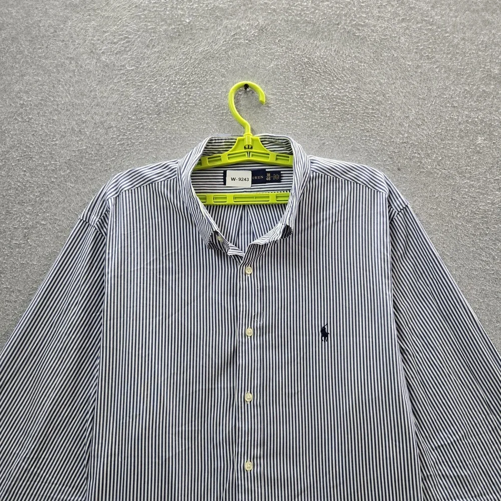 Ralph Lauren Men Button Up Shirt 18 Blue Embroidered Striped Logo Dress